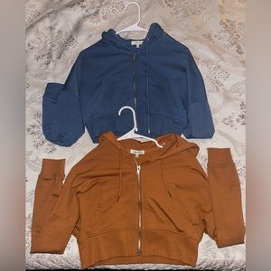Two Cropped Hooded Zip Up Sweater in Small, Blue & Burnt orange